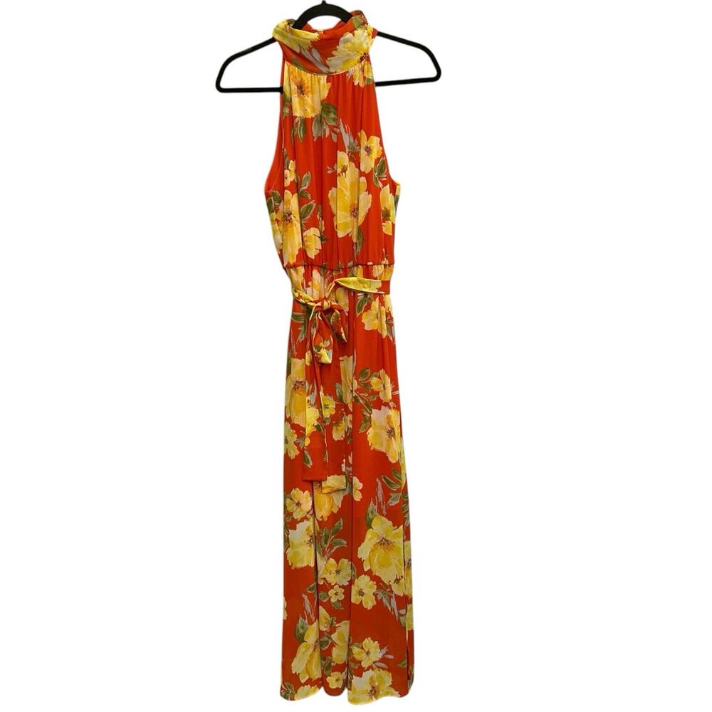 Cato Floral Maxi Dress Medium Orange Yellow Halter Tie Waist